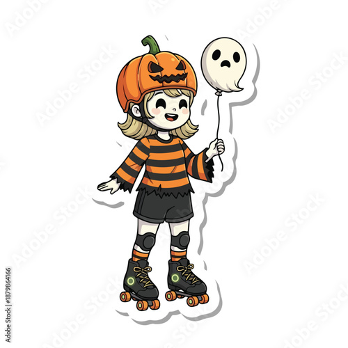 Cartoon illustration of a girl wearing an orange pumpkin hat and Halloween costume, holding a ghost balloon while rollerblading on a white background with a playful and spooky mood.