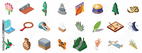 Isometric set of symbols for yoga, spa treatments, natural elements, and spiritual meditation concepts.