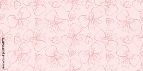 Seamless vector pattern with pastel pink bows decorated with hearts on light background. Cute romantic design for textile and surface printing.