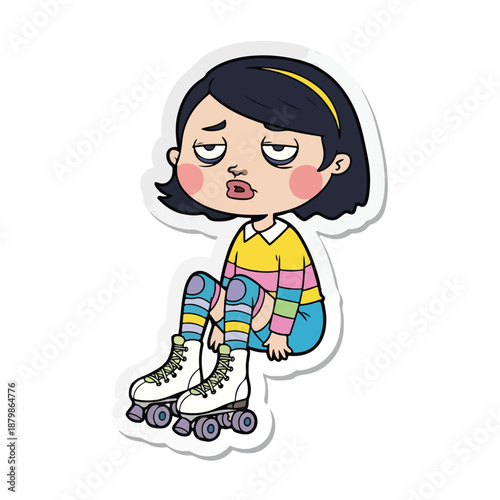 Cartoon illustration of a girl sitting on roller skates with a frustrated expression on a white background.