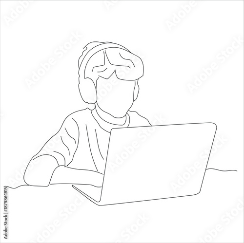 child playing with laptop. line art