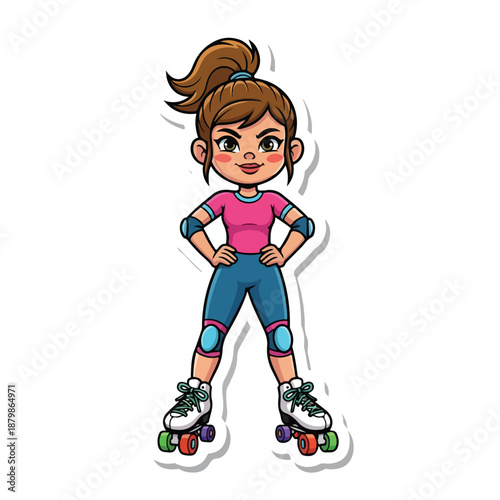 Cartoon illustration of a smiling young girl wearing roller skates and protective gear on a plain white background.