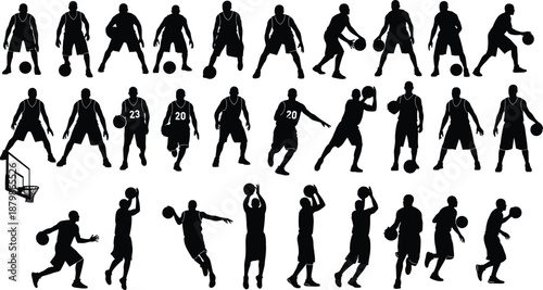 Set of basketball player silhouettes dribbling shooting and jumping isolated on white background for sports graphics team logos and fitness designs