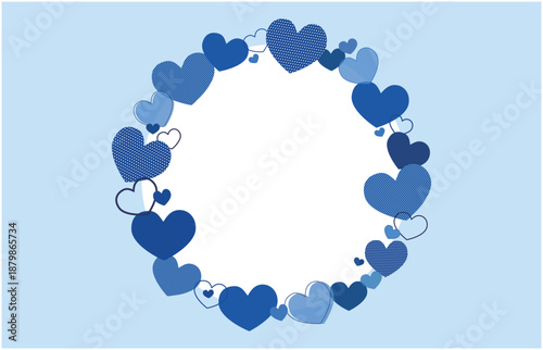 ブルーの色々なハートの丸型フレーム水色背景ベクターイラスト素材