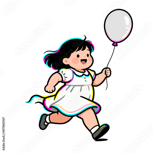 [Vector EPS]A little girl running happily with a balloon in hand