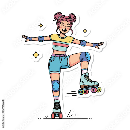 A cartoon illustration of a cheerful young woman rollerblading with outstretched arms and colorful wheels on a white background with sparkles.