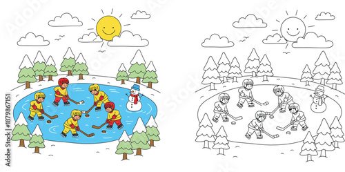 Kids playing ice hockey on frozen pond in winter forest with snowman and trees vector illustration including line art coloring book page for children