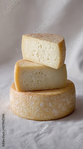 Formatge d'ovella (sheep cheese) from Andorra on pale cheese ivory background, minimalist food photo, template for social media, digital ads, web banners, mobile wallpapers, greeting cards
