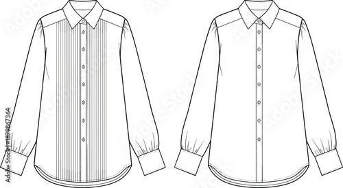 Technical flat sketches of long-sleeved button-down shirts, pleated and plain front panel variations