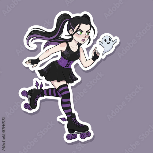 A cartoon illustration of a girl rollerblading with a ghost on a purple background with white outline.