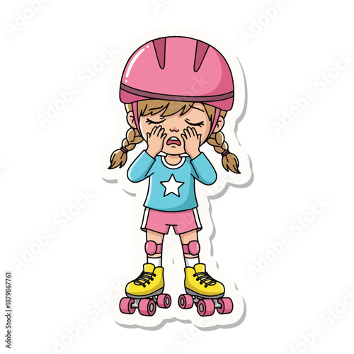 Cartoon illustration of a young girl wearing roller skates and protective gear with a comically distressed expression on a plain white background.