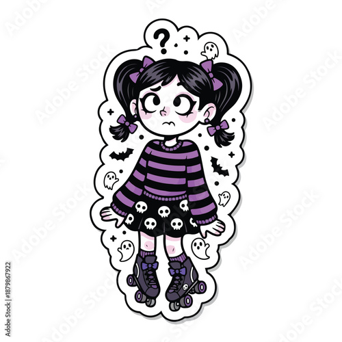 A cartoon illustration of a puzzled young girl with pigtails wearing a purple and black striped shirt with skulls, black shorts, and roller skates, surrounded by Halloween-themed icons on a