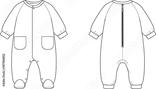 Technical flat sketch of baby onesie, front and back views with snap buttons, zipper, patch pockets, and enclosed feet