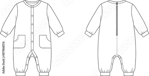 Technical flat sketch of baby romper, front and back views with button and zipper closures, patch pockets, and snap crotch