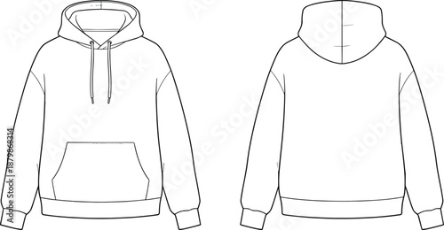 WebTechnical flat sketch of hooded sweatshirt, front and back views with kangaroo pocket and drawstring hood