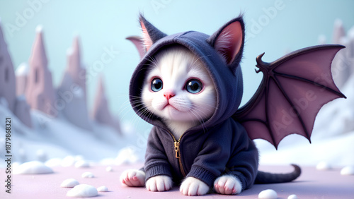Fantasy Kitten with Wings in Snowy Realm