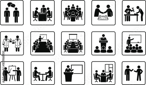 Collaboration and presentation icon set, 15 black vector silhouettes of people in meetings, interviews, and educational settings