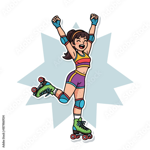 Cartoon illustration of a cheerful young woman wearing roller skates and protective gear with her arms raised in excitement against a light blue starburst background.