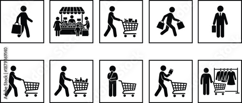 Shopping activity icon set, 10 black vector pictograms of people with carts, bags, and market stalls