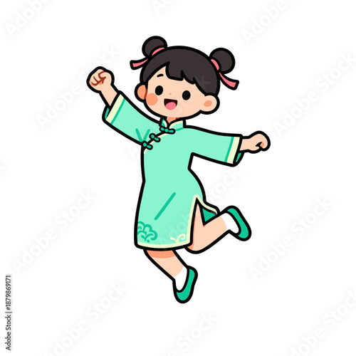 [Vector EPS]Cheerful girl in traditional Chinese dress jumping happily
