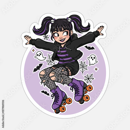 Cartoon illustration of a smiling young girl rollerblading on a lilac background with Halloween-themed decorations.