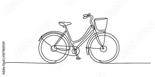 A continuous single line art drawing of a vintage city bicycle with a front basket Vector, illustration