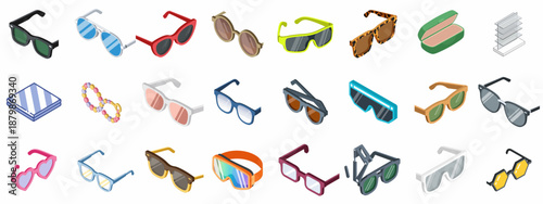 Diverse Isometric Eyewear Icon Set: Sunglasses, Reading Glasses, Goggles, and Fashion Frames in various styles and colors, complete with accessories.