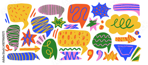 Colorful speech bubble with texture chalk pencil doodle set. Comic clouds and funny stars. Childish style quotation balloon