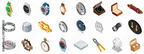 Isometric Watch and Clock Repair Icons Set: Wristwatches, Internal Components, Watchmaking Tools, and Luxury Accessories Collection.