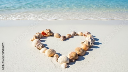 Heart shape made of seashells on a sandy beach with clear blue water in the background