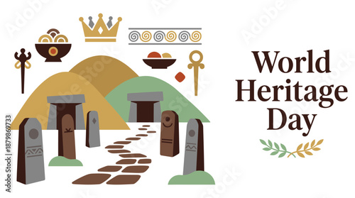 Vibrant World Heritage Day celebration with ancient monuments and symbols