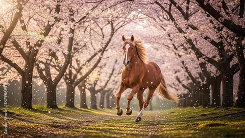 A majestic brown horse galloping freely through a serene cherry blossom tree lined pathway on a sunny spring morning from a frontal perspective