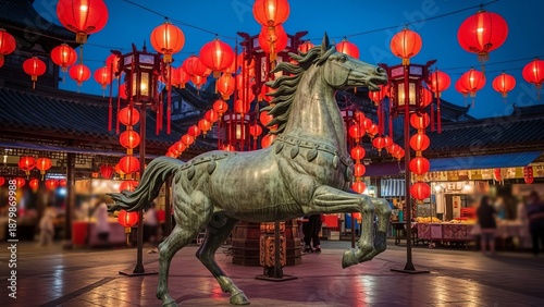 A majestic bronze horse statue stands amidst vibrant red lanterns in a traditional Asian courtyard at dusk