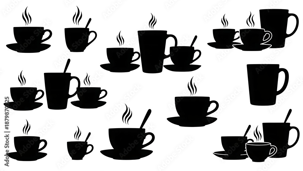 Obraz premium Collection of coffee cup silhouettes isolated on transparent background