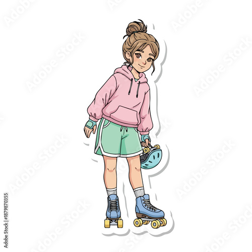 Cartoon illustration of a young girl wearing roller skates and holding a helmet in a playful pose against a clean white background.