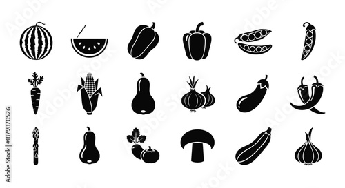 Large collection of black vegetable silhouette icons on white background, including carrot, corn, pumpkin, eggplant, and hot pepper.