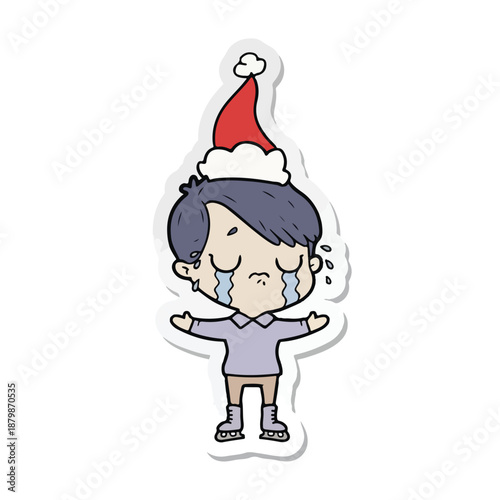 A cartoon illustration of a crying man wearing a Santa hat with his arms outstretched in a comical gesture, on a plain white background with a sticker effect.