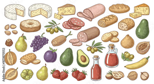 Large collection of food items including cheese, ham, salami, bread, olives, fruits, vegetables, oils, and nuts on white background.