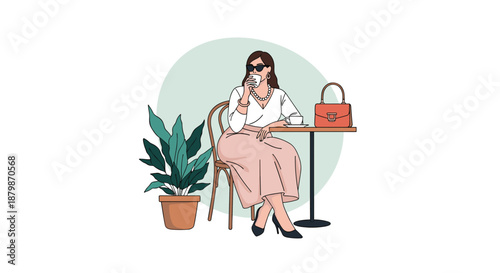 Sophisticated woman in sunglasses and a midi skirt enjoying a cup of coffee at an outdoor cafe table with a stylish designer handbag.