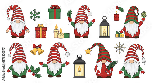 Festive collection of cute Christmas gnomes dressed in red and green outfits accompanied by holiday elements like lanterns and candles.