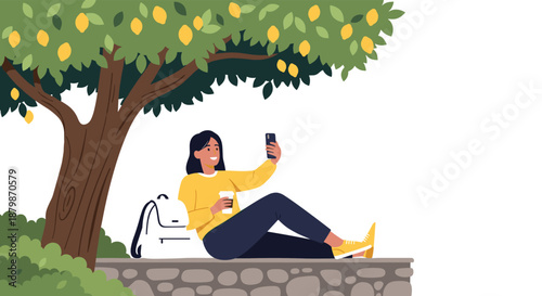 Young woman sitting on a stone wall taking a smartphone selfie under a lush lemon tree with a white backpack and coffee cup nearby.