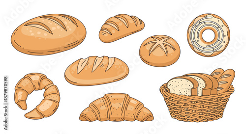 Selection of bakery products including a whole loaf of bread croissants a donut and a basket containing sliced bread and baguettes.