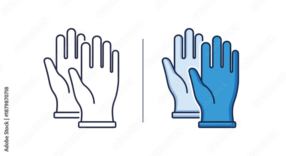 Obraz premium Pair of protective gloves shown in outline and blue color styles, suitable for medical, laboratory, sanitation, or home cleaning use.