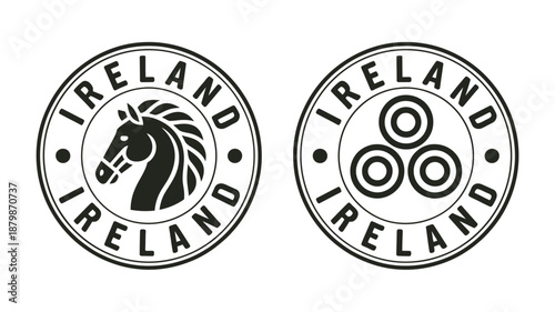 Two circular emblems representing ireland showcasing a horse and triskelion