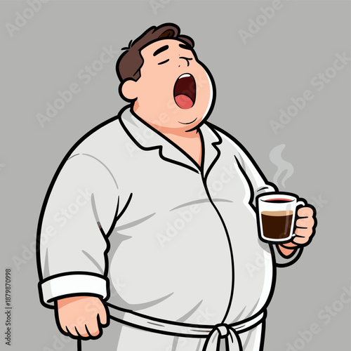 [Vector EPS]Yawning man in bathrobe holding a cup of coffee