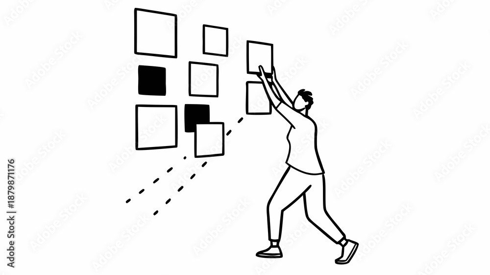 Fototapeta premium Man pulling multiple square-shaped objects towards himself with both hands