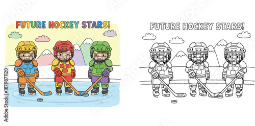 Future Hockey Stars: Kids Playing Ice Hockey on Rink with Mountains Background, Set of Colored and Black and White Line Art Version for Children Coloring Book Activity Page