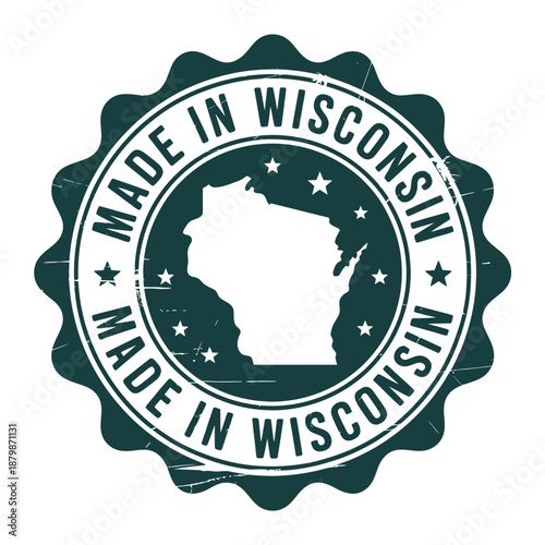 Wisconsin emblem featuring state outline and stars in a circular design