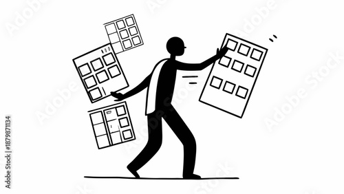 A person managing multiple screens and panels in a dynamic office workspace illustration from a straightforward viewpoint