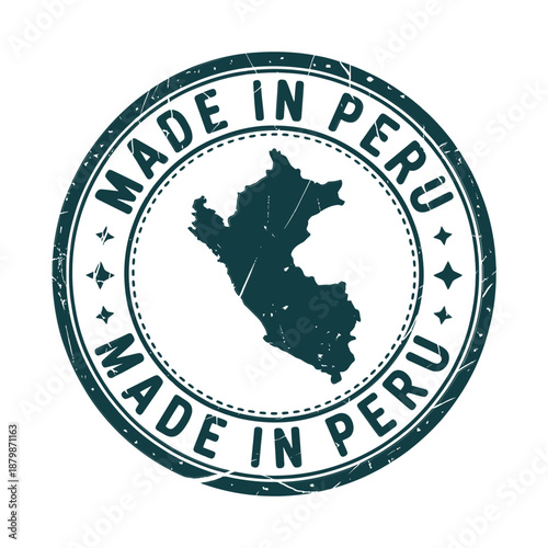 Circular stamp displaying made in peru and the country s silhouette